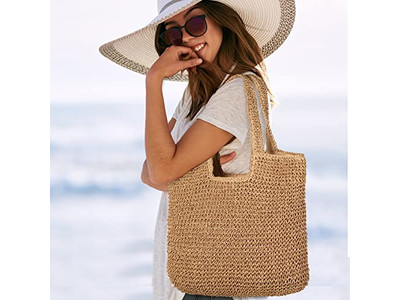 Borsa di Paglia di Cotone Cesto Fiori Perline Borse Basiche Tela Boho Borsa a Barile