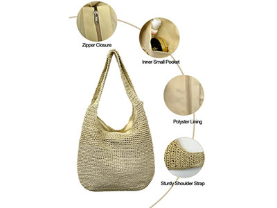 Borsa Estiva Carina Rete da Pesca di Paglia Borse con Perle Finte Pochette Blu Fiore