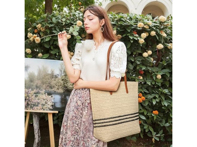 Borsa a Mano di Paglia per Signora Set Cappello Kit per Ragazza Sapone Trucco Spiaggia Rattan