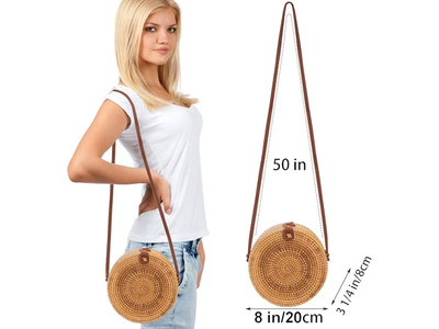 Borsa di paglia intrecciata di carta Nera Rotonda di Rattan Naturale Bali Logo Personalizzato